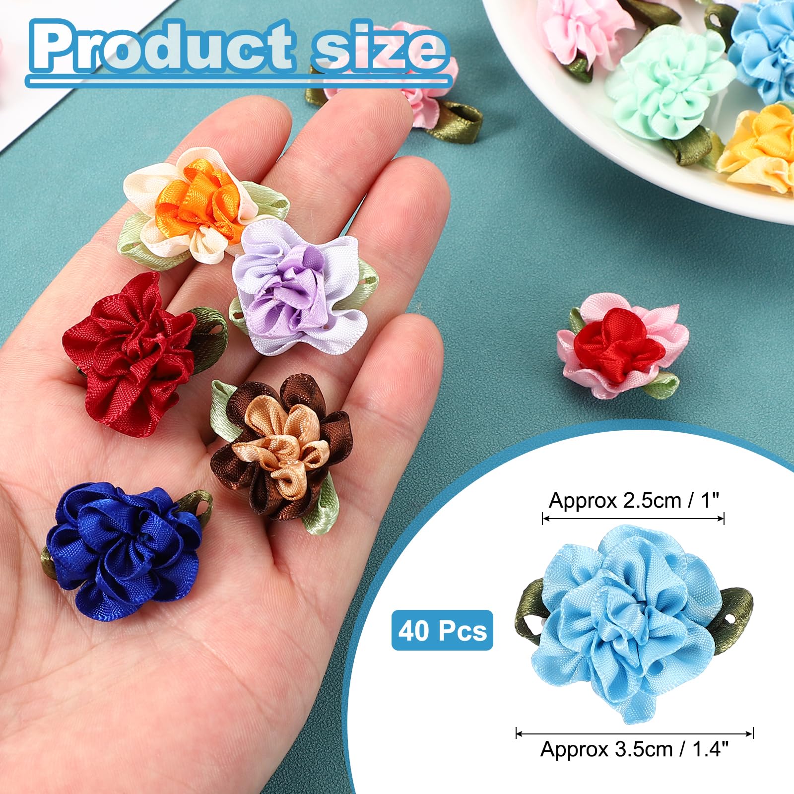 PATIKIL 1 Inch Ribbon Flowers Bows for Crafts 40 Pack Mini Satin Roses Flowers Small Fabric Flower Heads DIY Sewing Appliques for Gift Wedding Bride Ornament Blue - Image 2