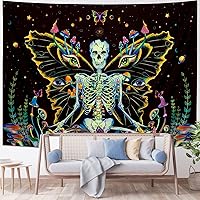 Vista 5 de Amtoodopin Tapiz de esqueleto de luz negra, tapiz de mariposa, tapiz de mal de ojo, tapiz de pared reactivo a los rayos UV, tapiz de pared