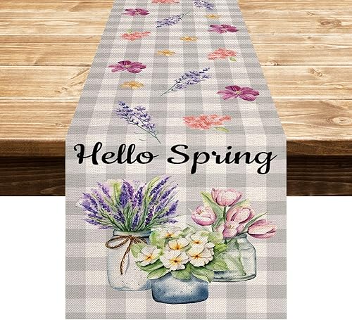 EDDERT Buffalo - Jarrón de lavanda a cuadros Hello Spring - Camino de mesa de Pascua verano aniversario vacaciones cocina decoración de mesa de