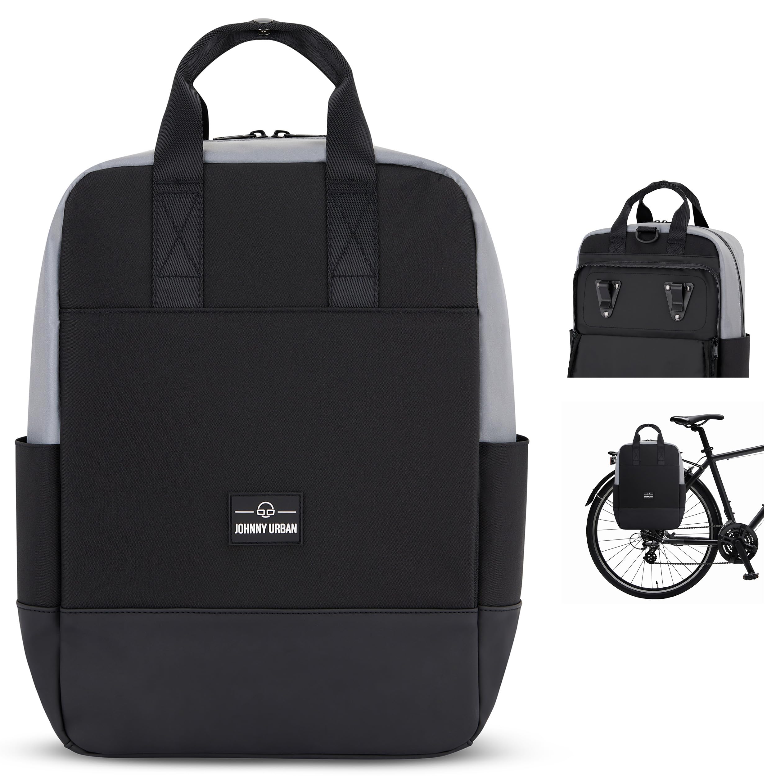 Johnny Urban Bike Pannier Bag for Bicycles Black Reflective - Jona Medium Bike - 2-in-1 Daypack and Rear Rack Bag - Backpack Cycling Storage for Leisure, Work and Travel - Water-Repellent