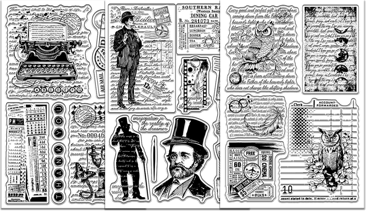 GLOBLELAND 3 Sheets Vintage Background Texture Clear Stamp for Scrapbooking Typewriter Telephone Silicone Stamps Gentleman Owl Transparent Stamp Set for Card Making DIY Embossing Journaling
