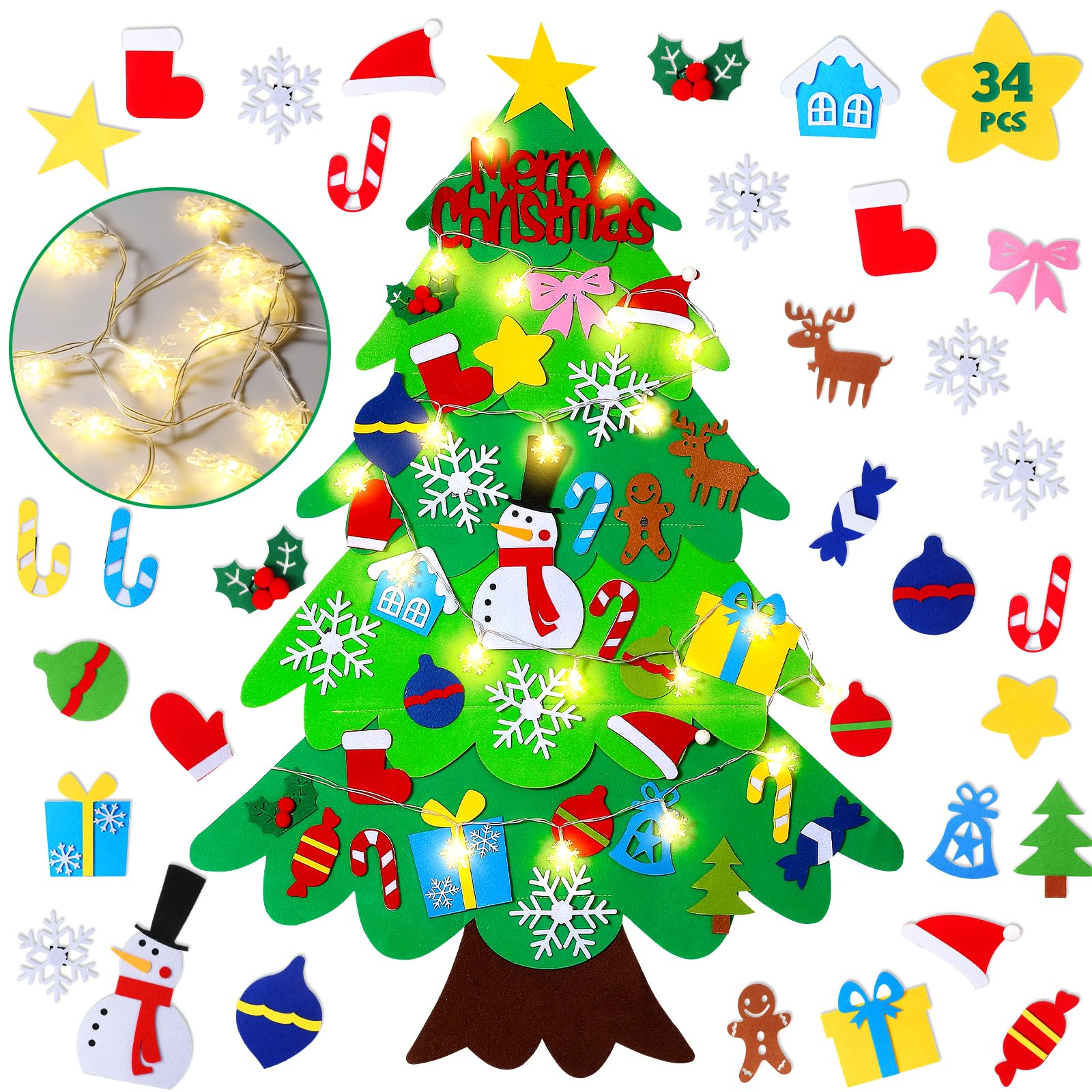 Filz-Weihnachtsbaum für Kinder – 100 cm Wandfilz-Weihnachtsbaum für Kleinkinder mit Lichtern und 34 Ornamenten, DIY Weihnachtsdekorationen