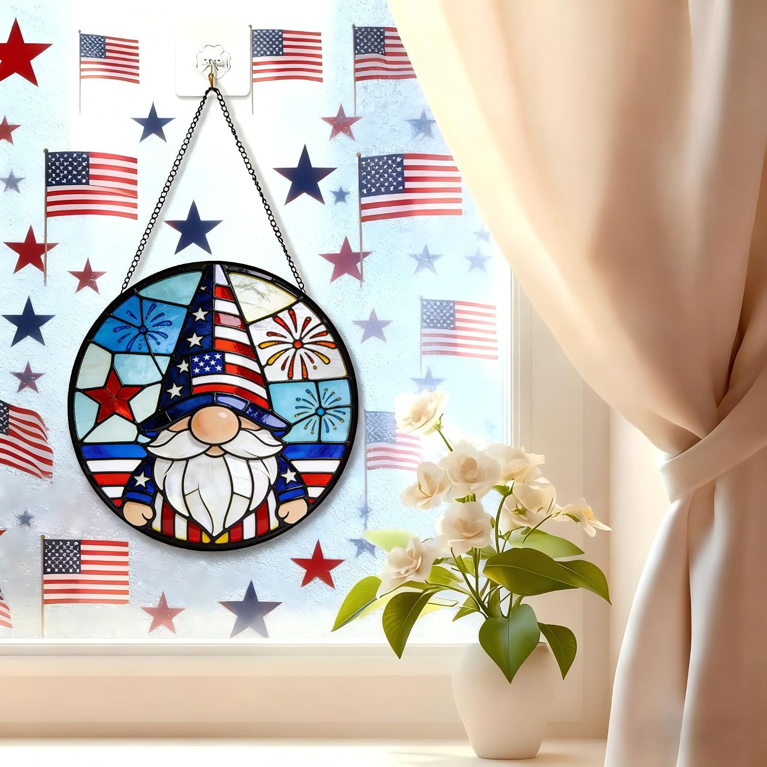 4th of July Stained Glass Suncatcher - Patriotic Gnome Window Hanging Ornament American Flag Design Decor for Independence Gift & Home Decoration