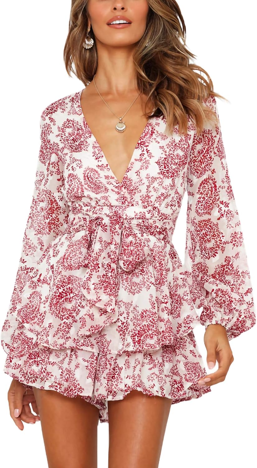 Relipop Womens Floral Print Romper V Neck Long Sleeve Double Layer Ruffle Hem Shorts Jumpsuit 2026 Beach Vacation Outfits