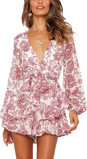 Relipop Women's Dresses Jumpsuit Floral Print V Neck Baggy Sleeve Waist Tie Double Layer Ruffle Hem Short Mini Dress Rompe...