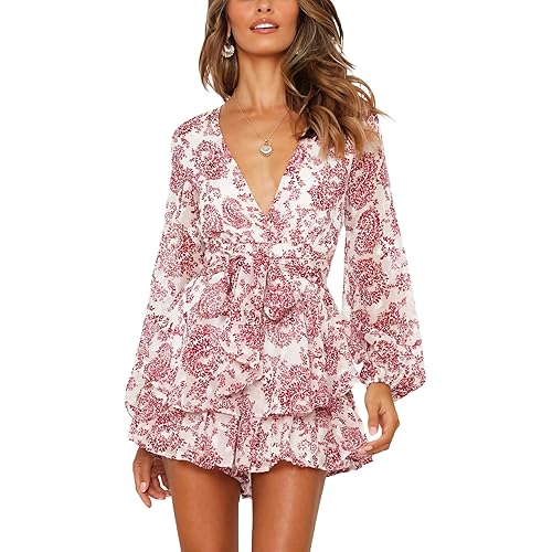 Relipop Womens Floral Print Romper V Neck Long Sleeve Double Layer Ruffle Hem Shorts Jumpsuit 2025 Beach Vacation Outfits