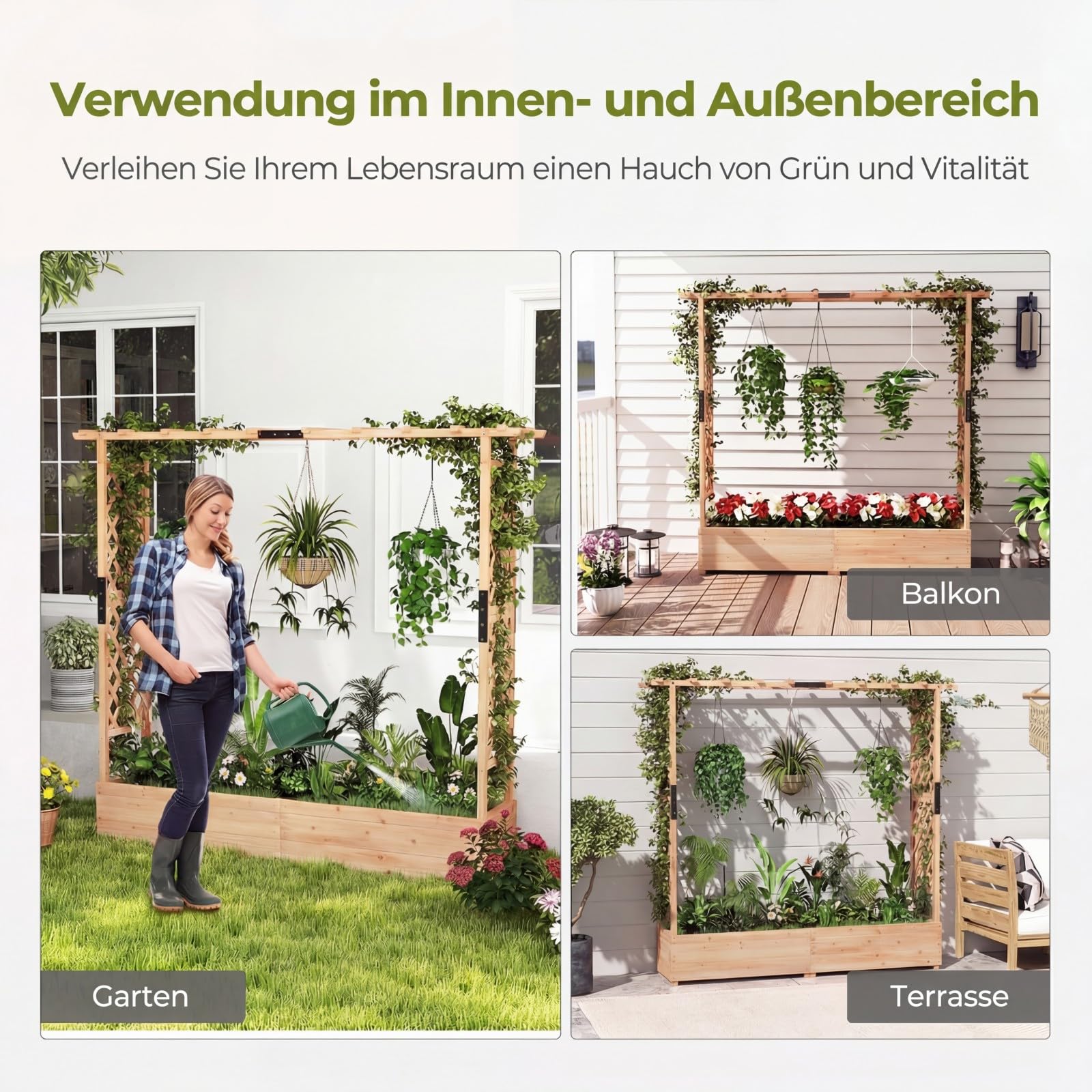 COSTWAY Blumenkasten mit Rankgitter & hängendem Dach, Pflanzkasten mit Rankhilfe, Hochbeet für Kletterpflanzen & hängende Körbe, für Garten Hof Terrasse, Pflanzkübel Holz, 196 x 44 x 182 cm (Natur)