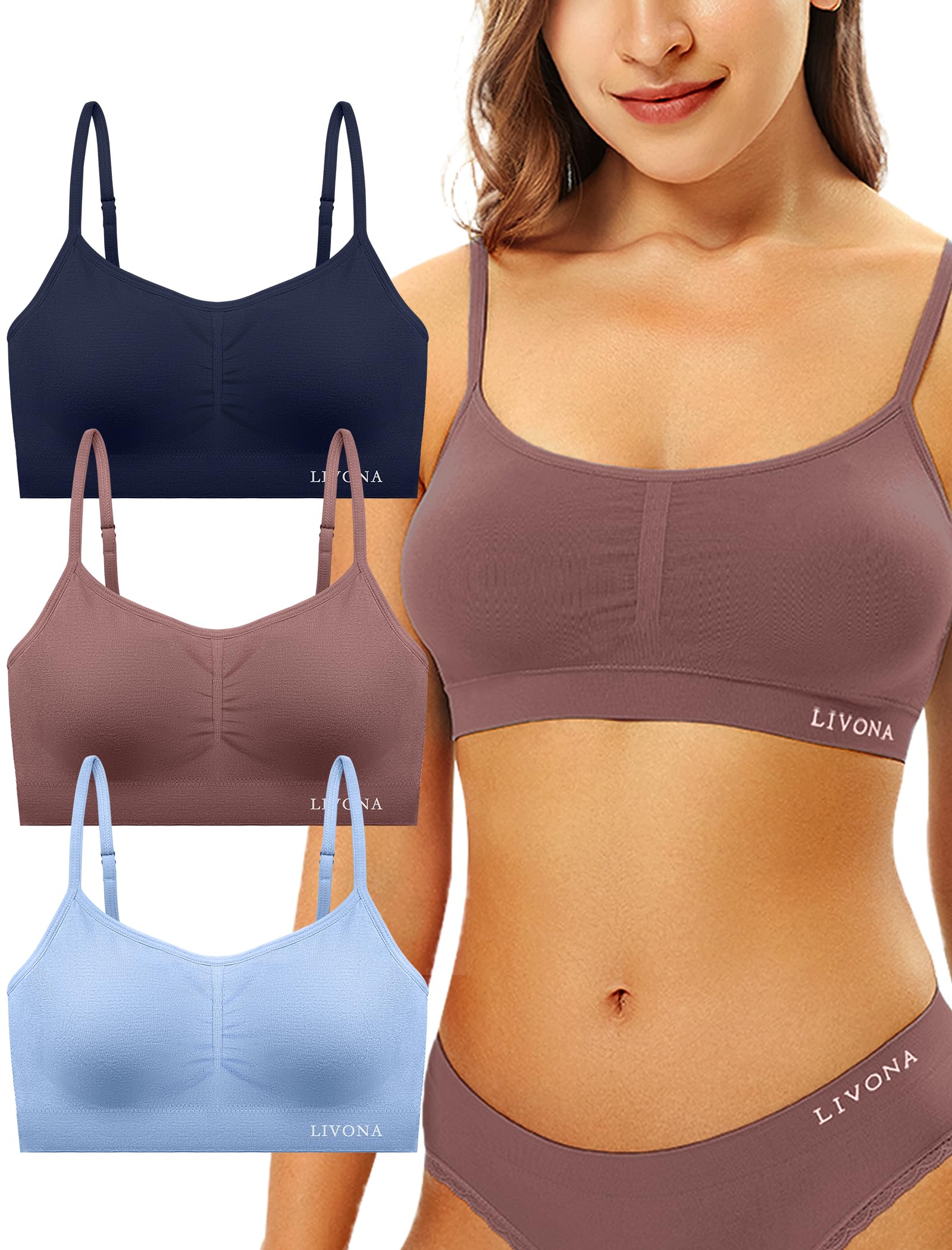 Livona 3 Pack Sports Bras for Women- Wireless Soft Workout Bra, Padded Fitness Bralette, Comfort Crop Cami Tank S-XXL
