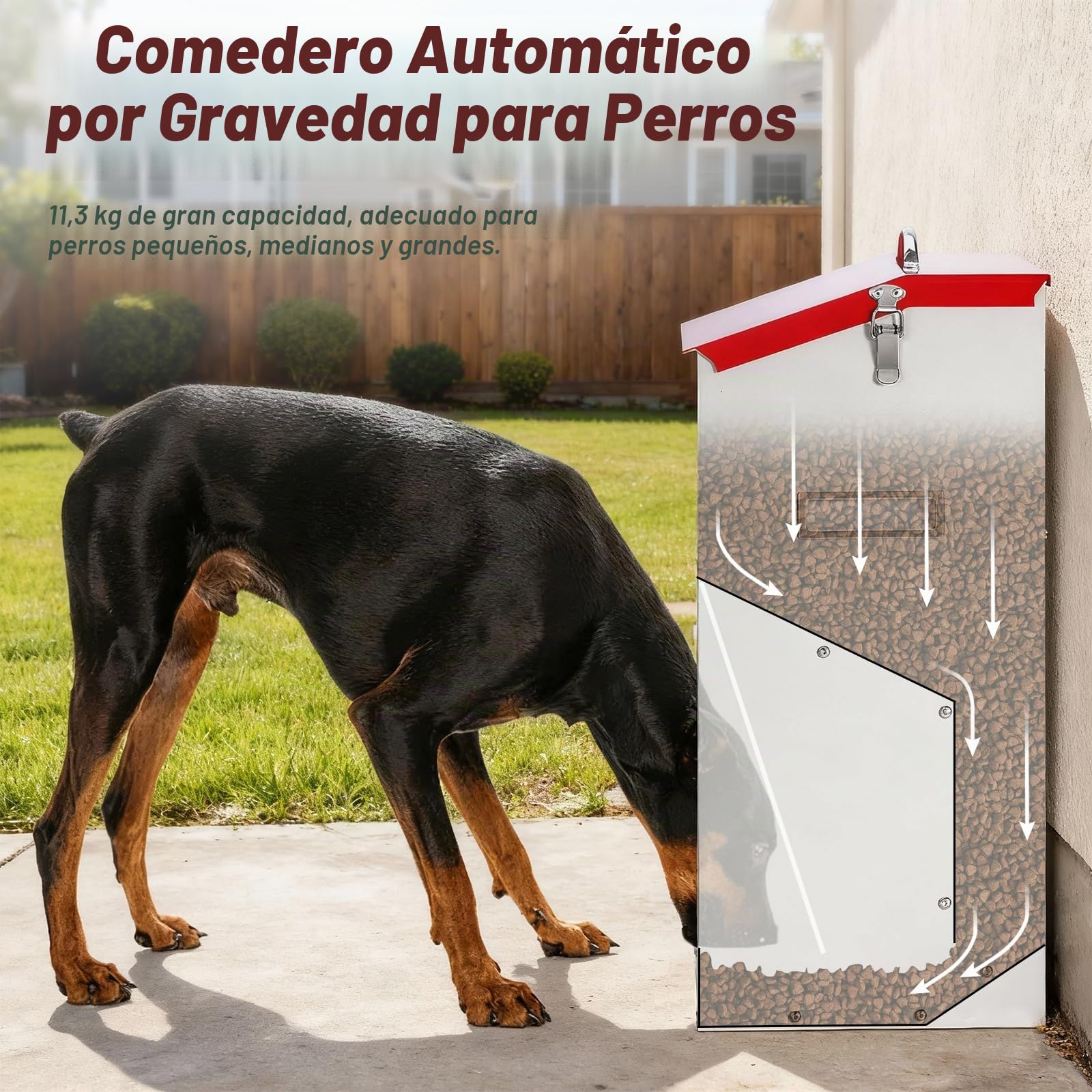 Alimentador Automático para Perros 11 kg, Estructura Galvanizada por Gravedad, Uso en Exterior para Razas Grandes