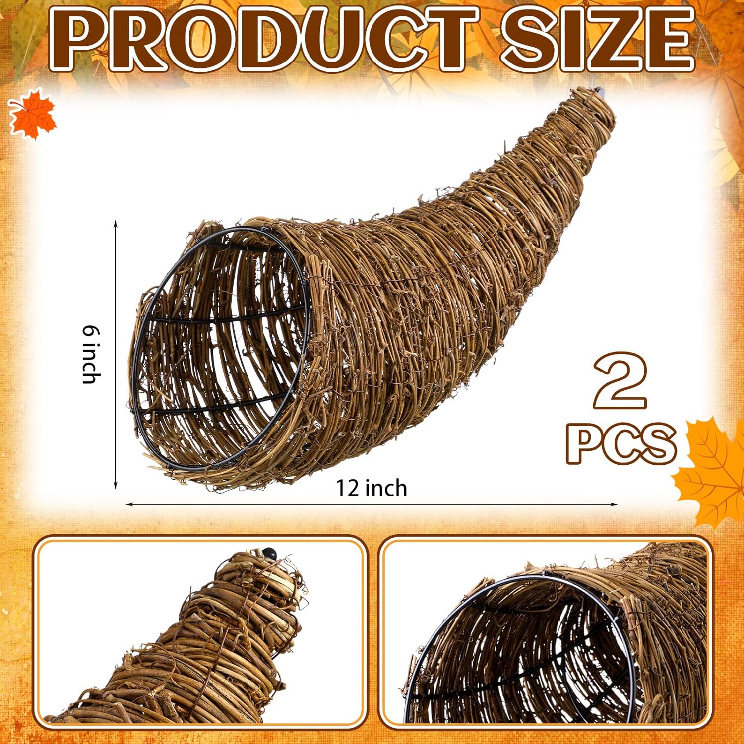 Dandat Thanksgiving Cornucopia Basket 13.78 Inch Horn of Plenty Table Decoration for Thanksgiving Cornucopia Centerpieces Fall Harvest Decor for Table Decorations Centerpieces(2 Pcs)
