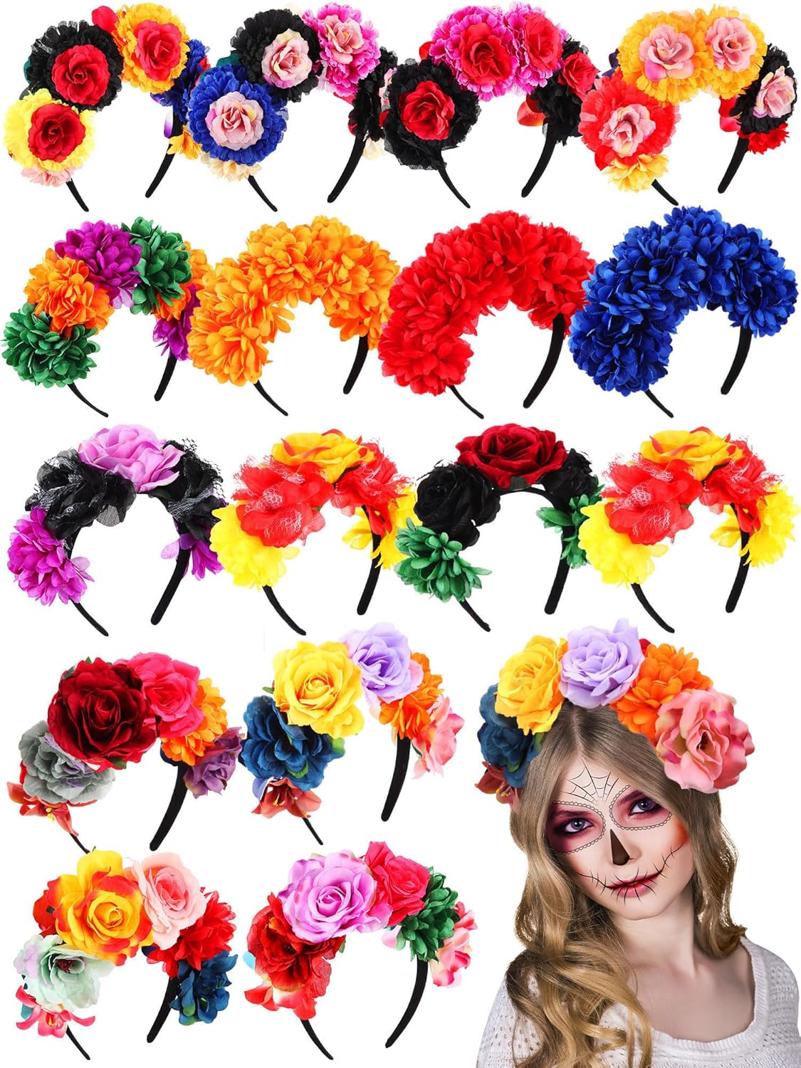 Zeyune Mexican Flower Headband Fiesta Rose Flower Crown Costume Mexican Headpiece for Women Party Cosplay Halloween(Mixed Color,16pcs)