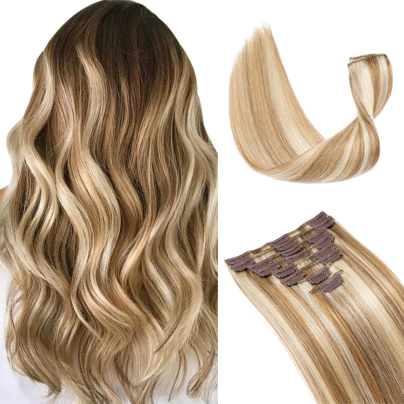 Hairro Clip in Hair Extensions 100% Human Hair 18 Inch 70g Thin Standard Weft 8 Pcs 18 Clips Straight Hair for Women Beauty Gift Balayage #12P613 Golden Brown Mix Bleach Blonde