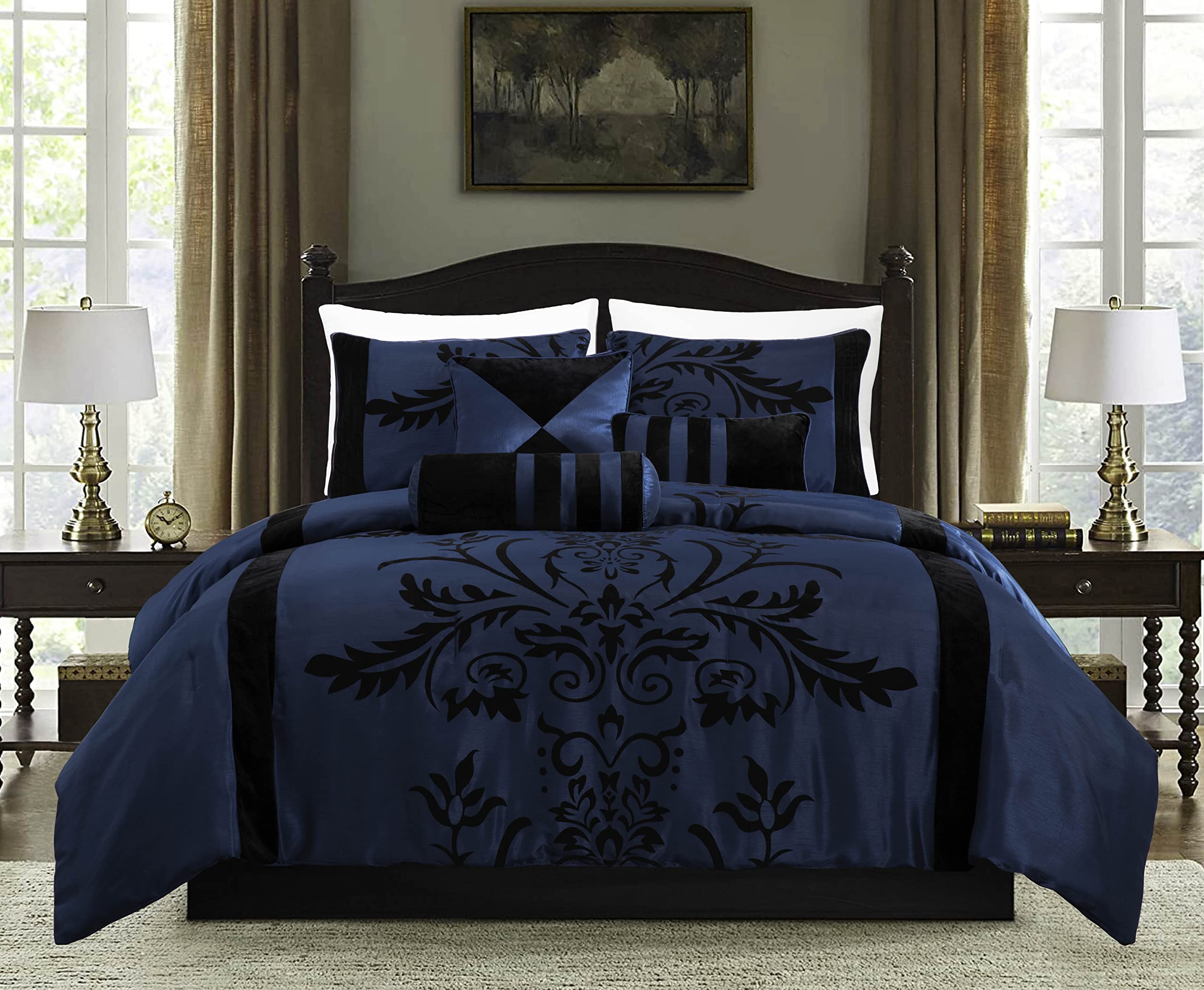 Chezmoi Collection Nobility 7-Piece Floral Comforter Set - Faux Silk Comforter Black Flocked Floral Velvet (Queen, Navy)