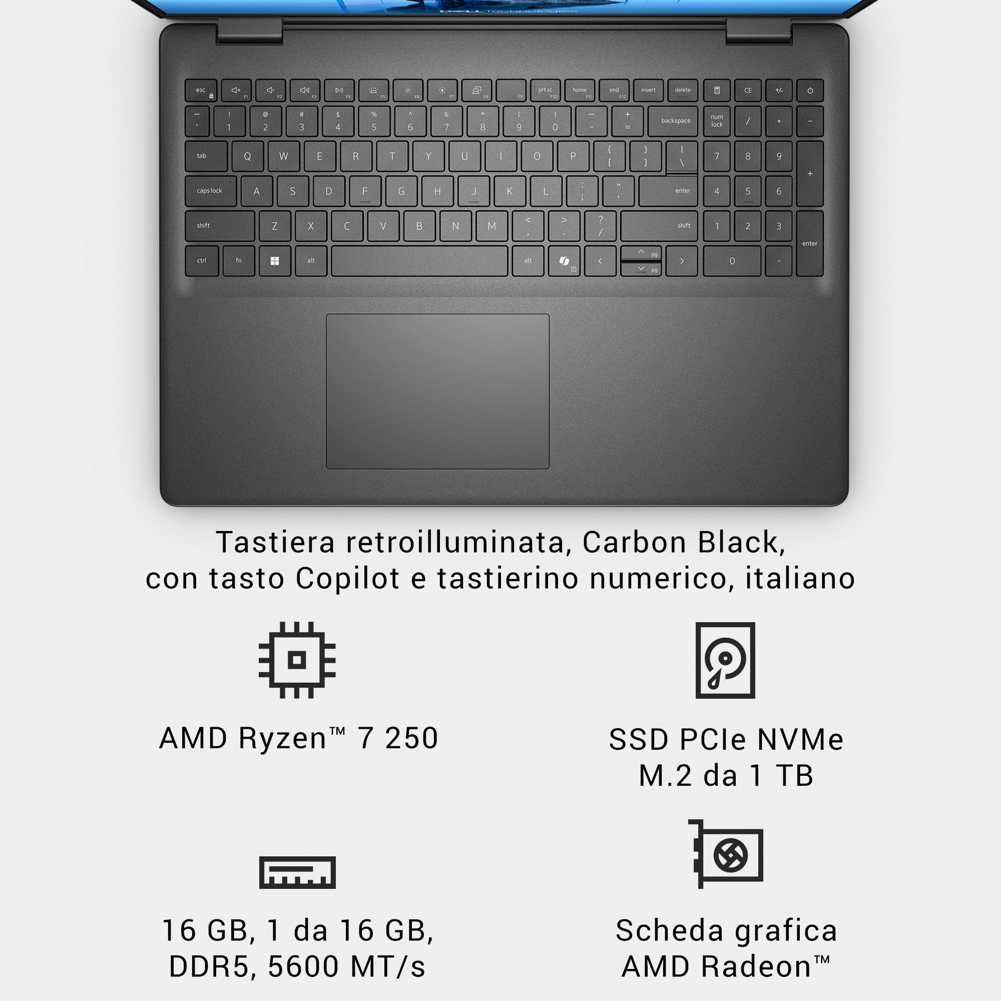 Dell 16 Laptop DC16255 16" 2K (1920x1200) Display, AMD Ryzen 7 250, AMD Radeon Graphics, 16GB DDR5 RAM, 1TB SSD, Windows 11 Home, Backlit IT QWERTY Keyboard, Carbon Black