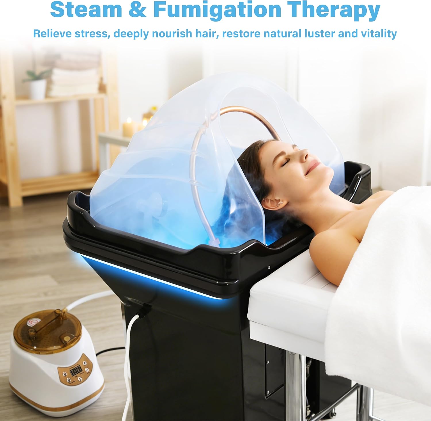 Freshlyy Head Spa Equipment with 60L Water Tank & 30L Waste Bucket, Water Circulation, Warm Steam & Portable Shampoo Basin for Salon and Home Hair Scalp Care