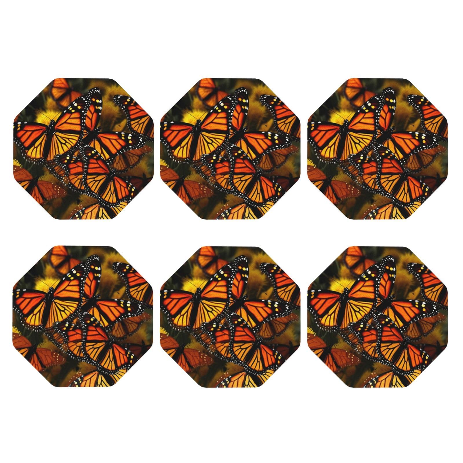 6pcs Leather Coasters for Drinks, Monarch Butterflies Drink Coasters for Tabletop Protection, 4" Cup Coasters for Coffee Table Decor, Non-Slip Drinking Cup Mat for Hot Or Cold Drink