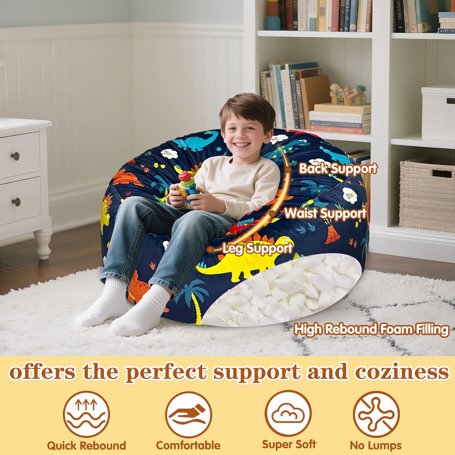 Jorbest Dinosaur Bean Bag Chair for Kids Teens and Adults, Memory Foam Bean Bag Chairs with Removable Velvet Bean Bag Cover, Soft Beanbag Lounger Sofa Bean Bag Couch with Filler for Reading, X-Large