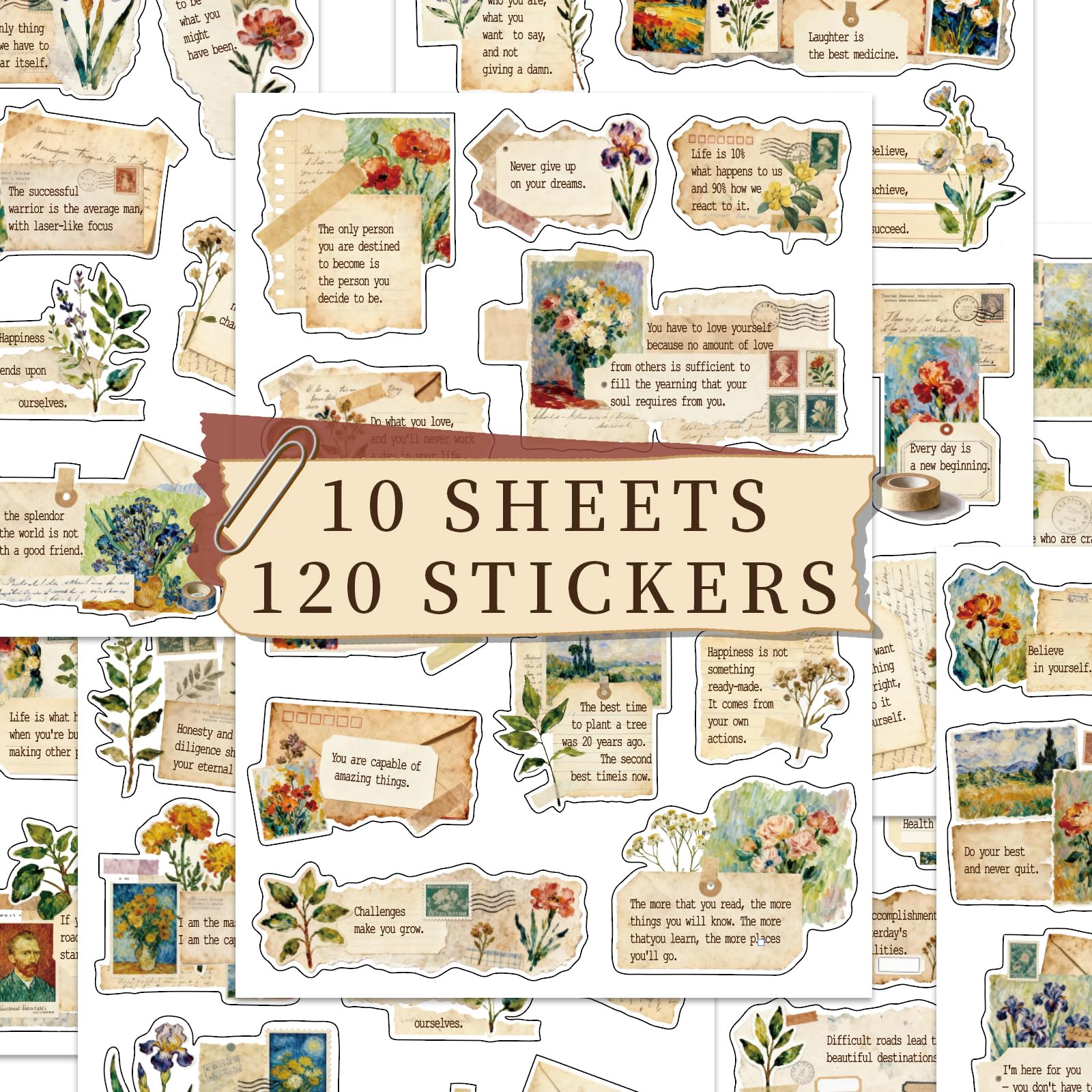 Photo 1 of 120 Pcs Motivational Quote Stickers, Vintage Botanical Journaling Stickers, Inspirational Famous Words for Scrapbooking, Antique Style