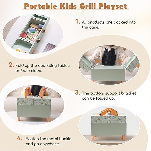 Miniatura 7 de Juego de parrilla de madera para niños con accesorios de cocina Juguetes de simulación para niños pequeños de 3 a 5 años, juguete de comida