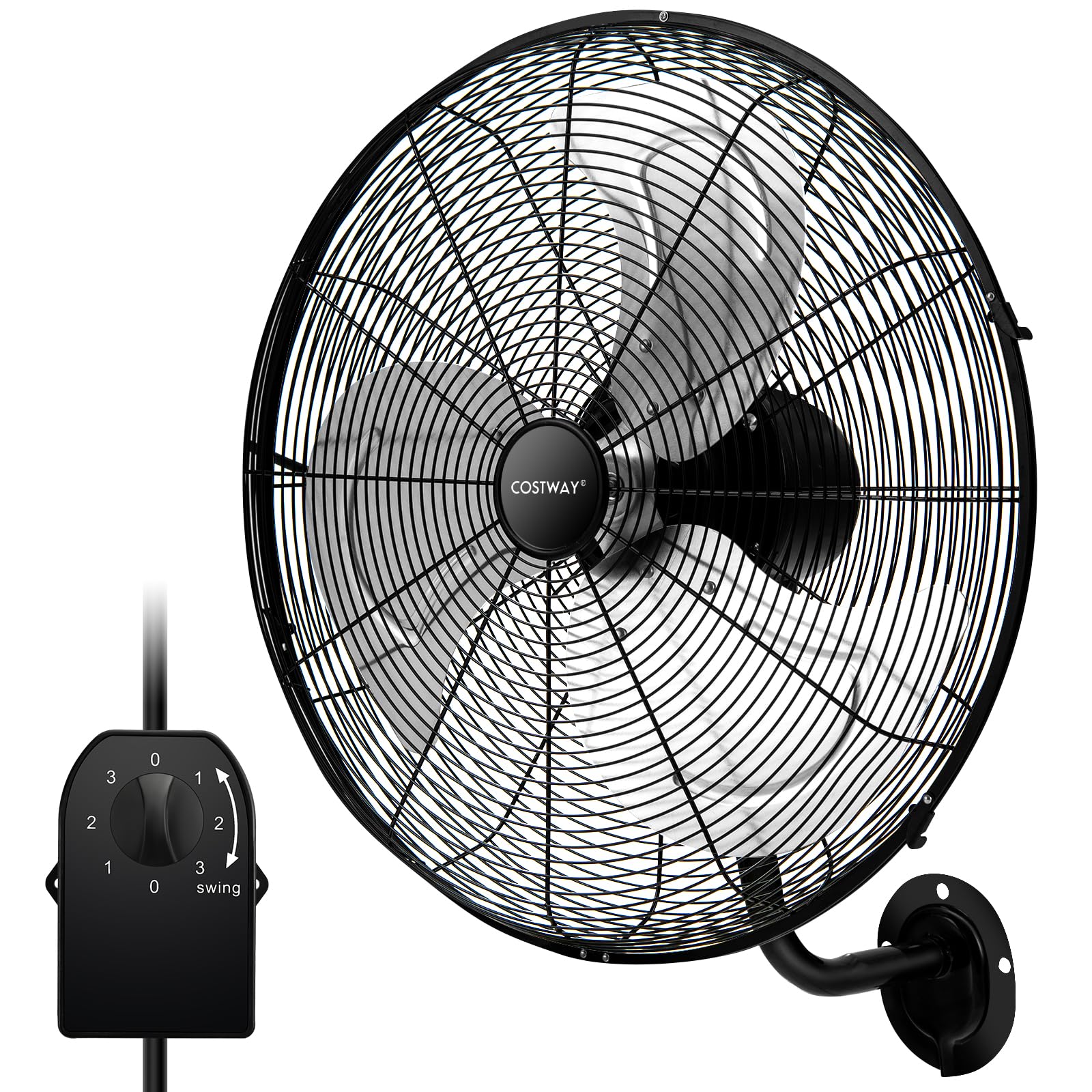 COSTWAY Wall Mount Fan, 20-inch Heavy Duty Metal Wall Fan with 3 Speeds, 85° Oscillation, 30° Adjustable Tilt Head, Wall-mounted Aluminum Blades Fan for Garage Warehouse Workshop, Black