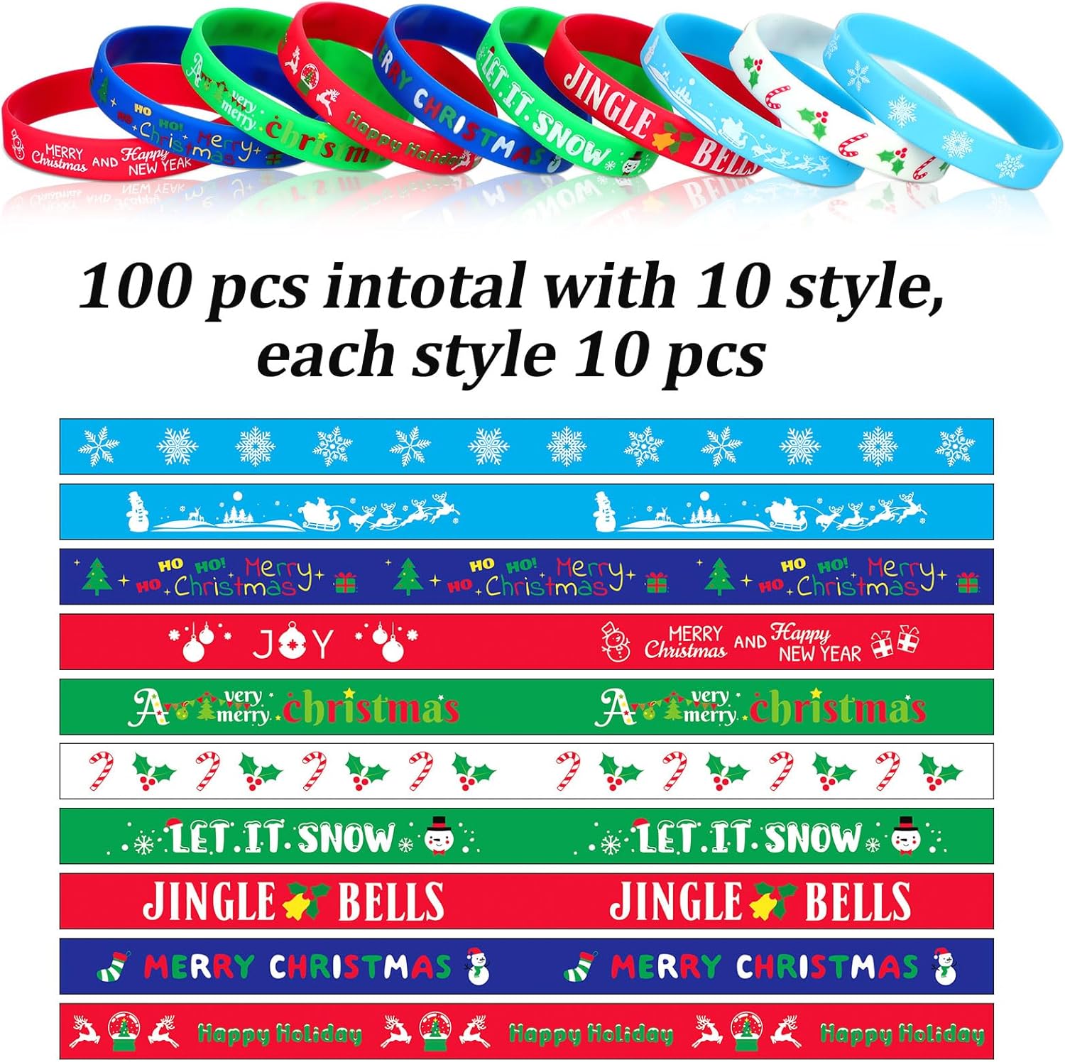 Hiboom 100 Pieces Christmas Silicone Bracelets Bulk Christmas Party Favors Rubber Wristbands for Kids Adults Holiday Party Decoration Supplies Stocking Stuffers, 10 Styles - Image 2