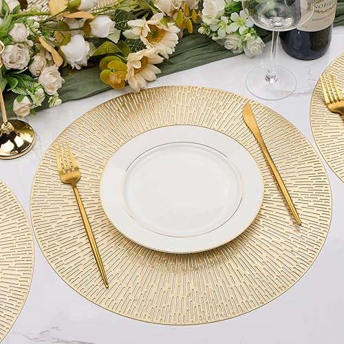 Miniatura 2 de Juego de 6 manteles individuales redondos de 15 pulgadas, manteles individuales dorados de vinilo prensado metálico, antideslizantes, lavables,