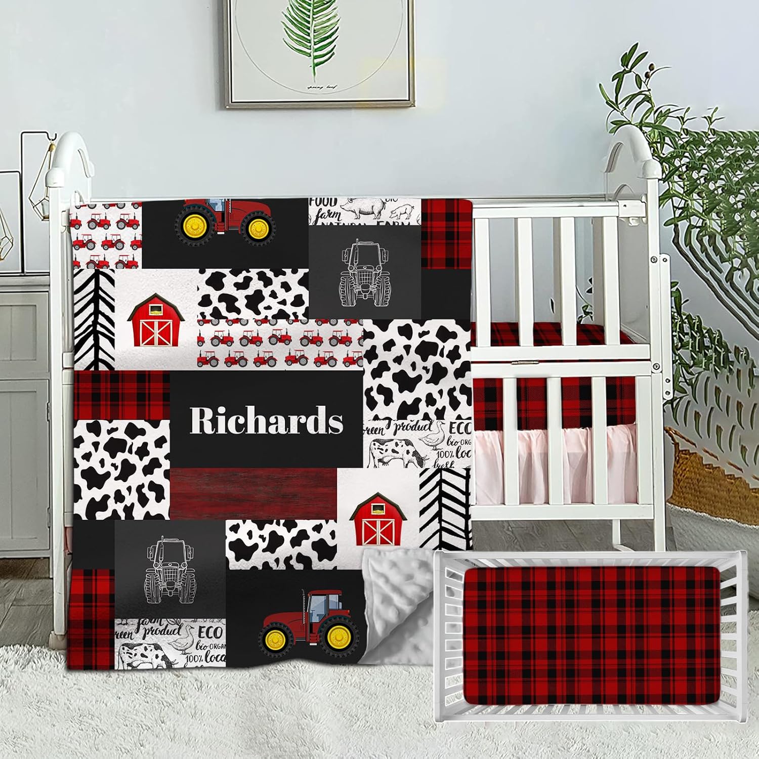 Personalized Crib Bedding Set for Baby Girls, Custom Baby Boy Crib Bedding Set with Name, Red Tractor Nursery Bedding, 2 Piece Baby Crib Bedding Sets, Farm Crib Comforter, Crib Fitted Sheet for Baby