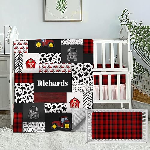 Juego de ropa de cama personalizado para cuna para bebé, juego de ropa de cama personalizado para cuna con nombre, ropa de cama de tractor rojo,
