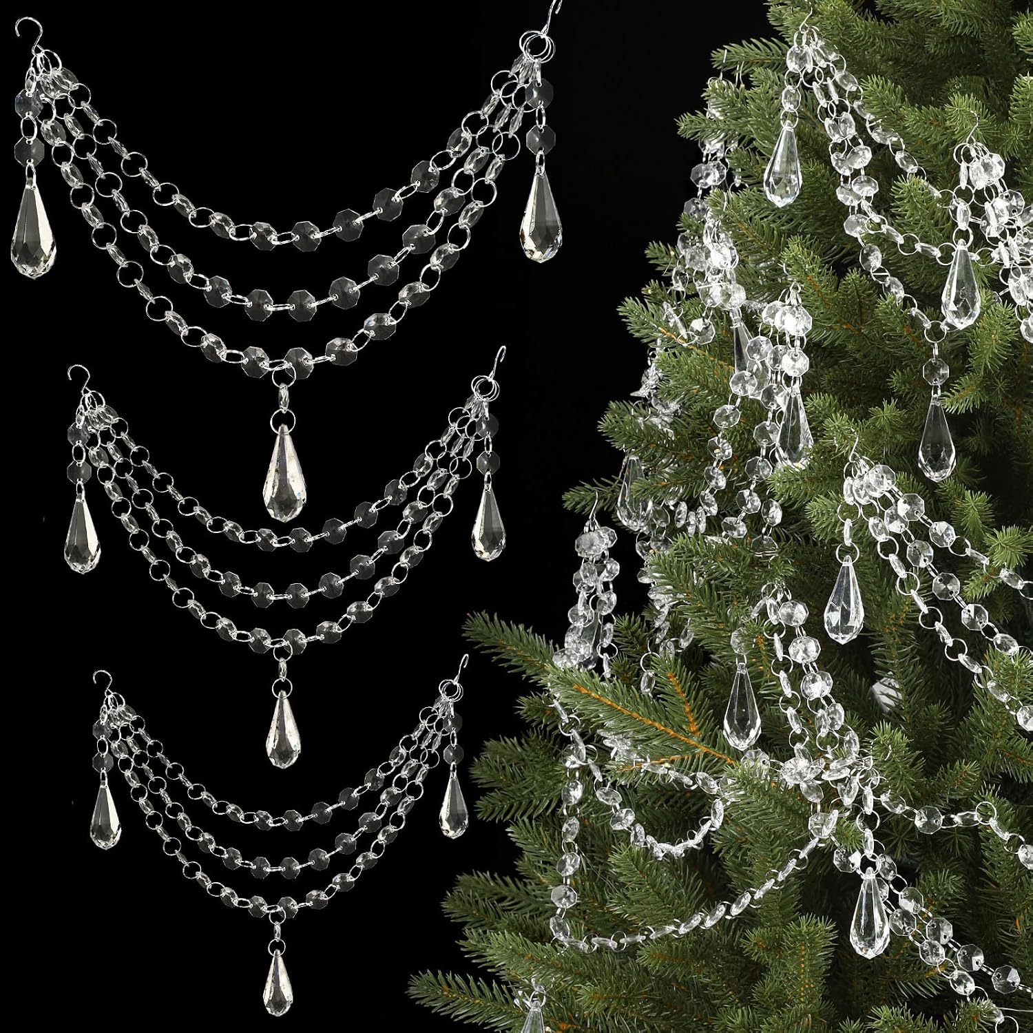 Pinkunn 12 Pcs 3-Layer Crystal Garland for Christmas Tree 20in 16in 12in 3-Layer Acrylic Bead Garland Hanging Christmas Decorations Indoor Home Decor for Xmas Wedding Party(Teardrop)