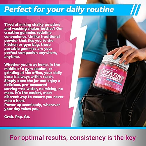 Vista 5 de Creatina para mujeres, gomitas de monohidrato de creatina micronizada sin azúcar + BCAA, mio-inositol, colágeno, ácido hialurónico, vitamina B6 B12
