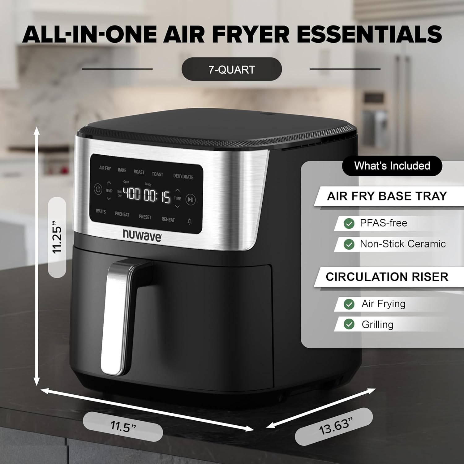 Nuwave Brio Plus 6-in-1 Air Fryer, 7-Qt Large Capacity, 50°F–400°F Precise Temp Control, Non-Toxic PFAS-Free Nonstick, Air Fry, Bake, Roast, Toast, Dehydrate, Reheat, 100 Presets, Dishwasher Safe