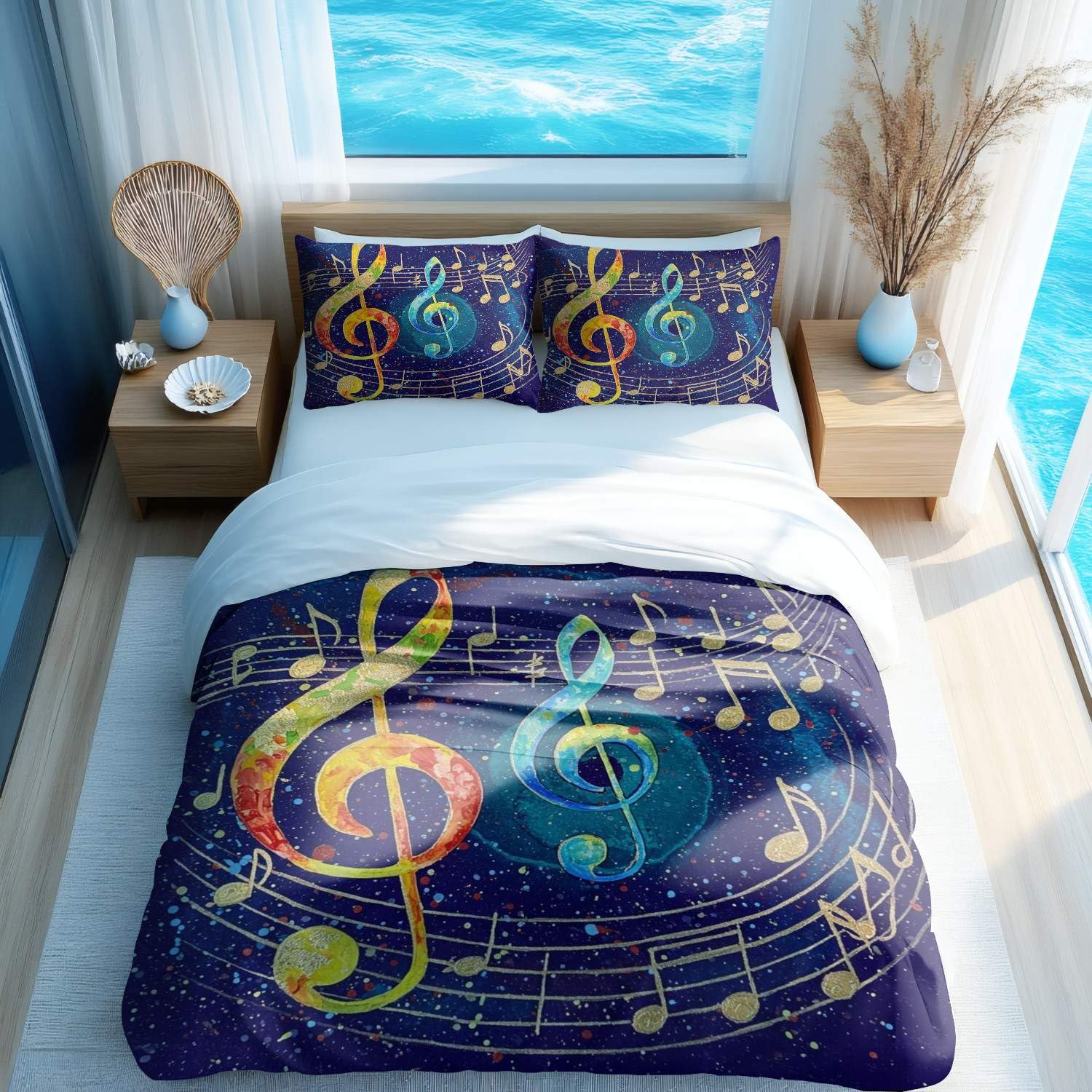 Parure de lit notes de musique aquarelle King Size avec 2 taies d'oreiller 50x75 cm
