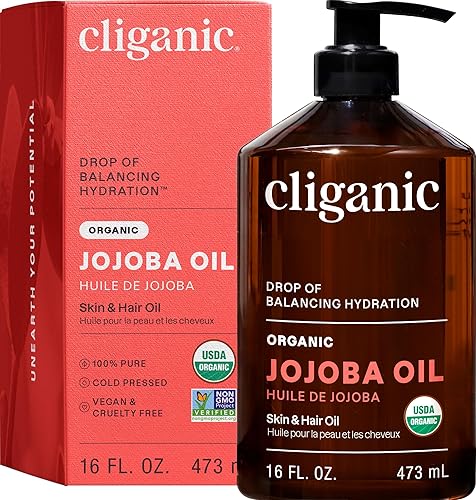 Cliganic Aceite de jojoba orgánico de 16 onzas, 100% puro, a granel, natural prensado en frío sin hexano sin refinar para cabello y cara, aceite