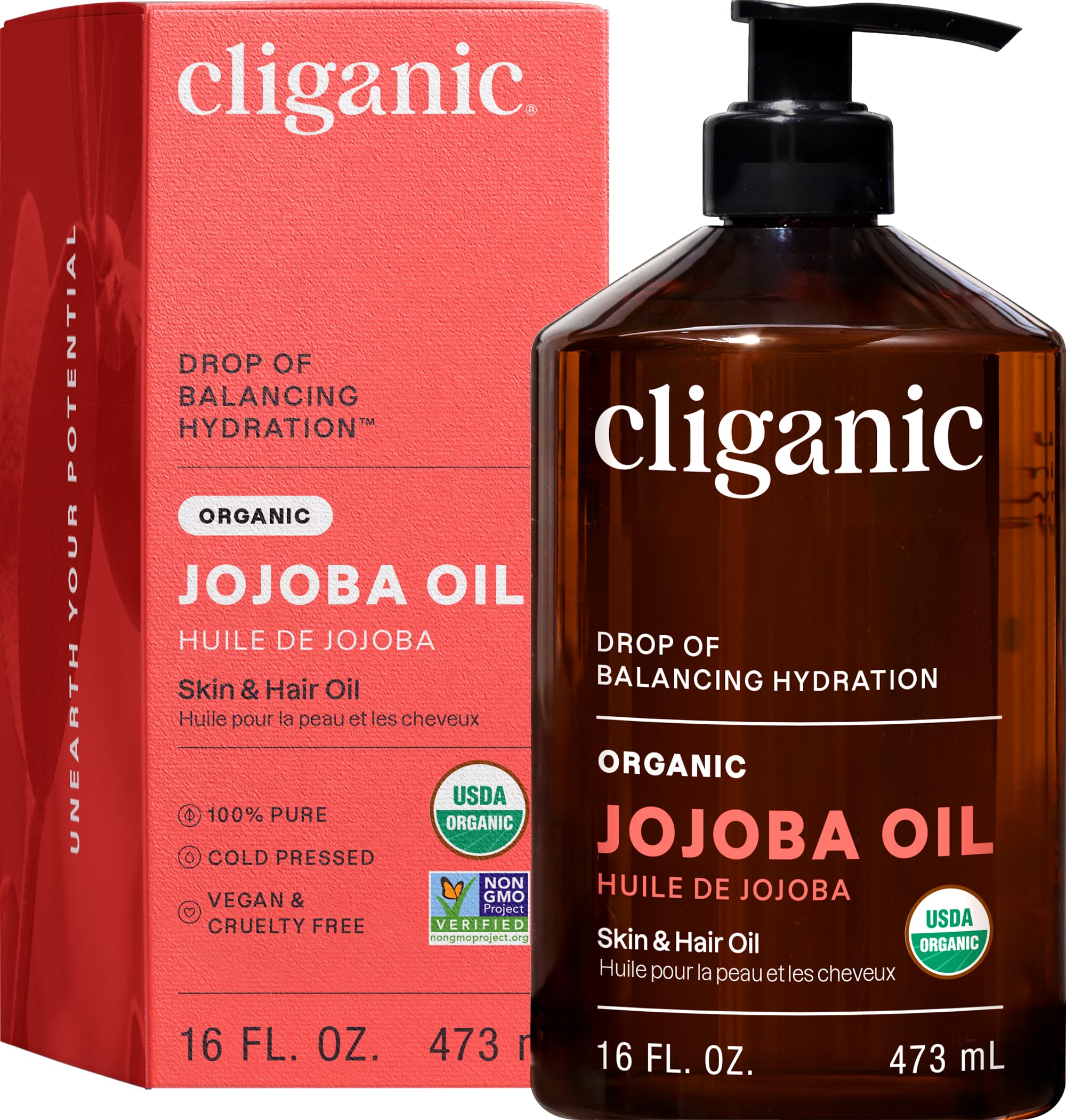 Cliganic Organic Jojoba Oil 16oz with Pump, 100% Pure | Bulk, Moisturizing Oil for Face, Hair, Skin & Nails | Natural Cold Pressed