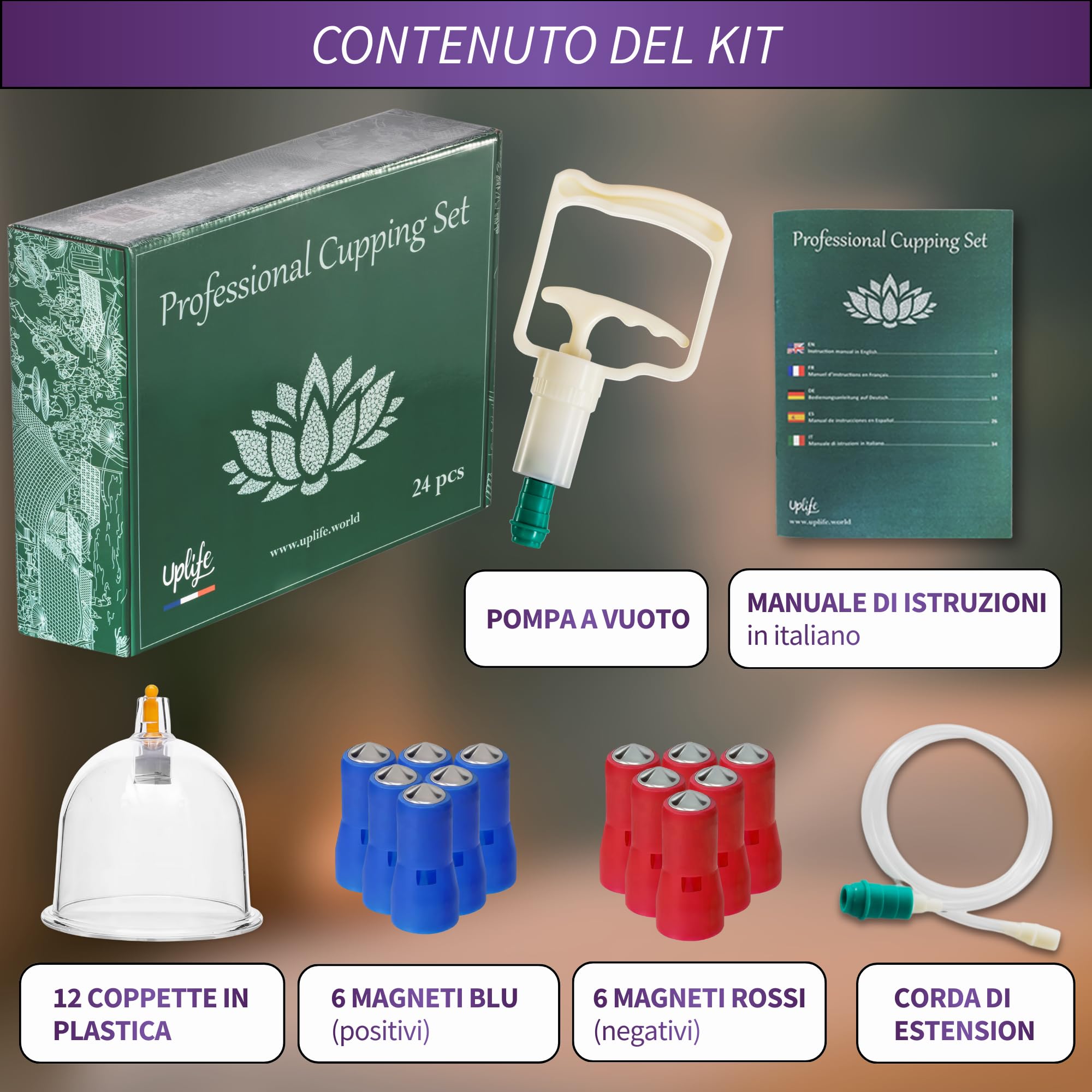 Uplife Set Coppettazione con 24 Coppette Massaggio Schiena - Per Cupping Therapy, Vacuum Terapia. Ventosa per Trattamento Cellulite e Sollievo dai Dolori Muscolari