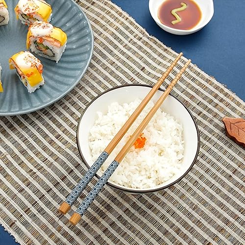 Miniatura 7 de 5 pares de palillos reutilizables de bambú natural con caja de regalo, juego de palillos antideslizantes para fideos de arroz de sushi, vajilla