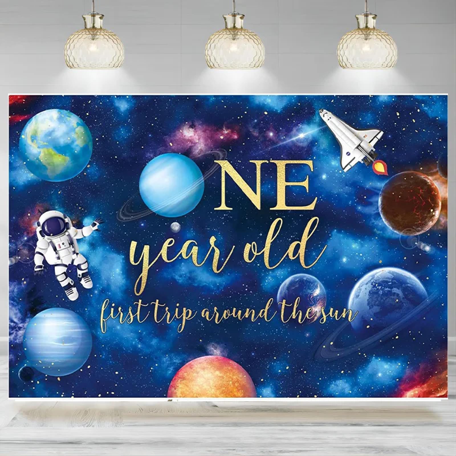 Niebieskie tło kosmiczne na 1 urodziny, galaktyka, gwiaździste niebo, rakieta, astronauta, impreza, tło fotograficzne, dekoracja, baner 440 x 300 cm