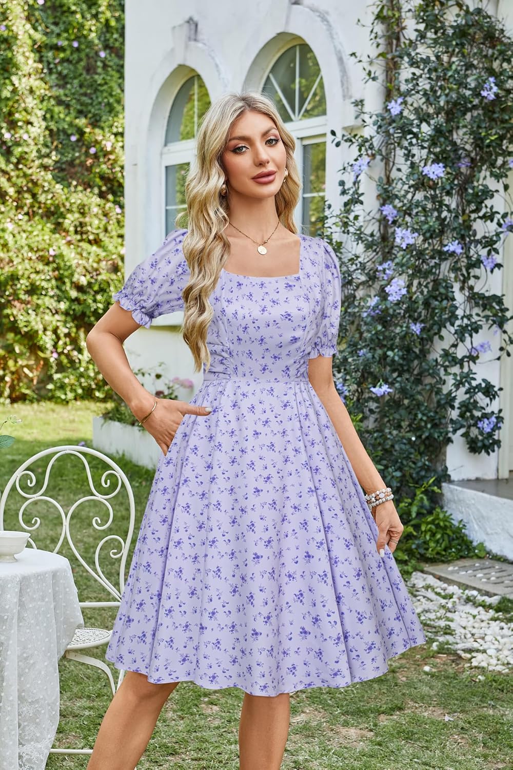 Belle Poque Lavender Floral Dresses for Women 1950s Vintage Dress Garden Party Cocktail Dresses Summer Casual M - Image 2