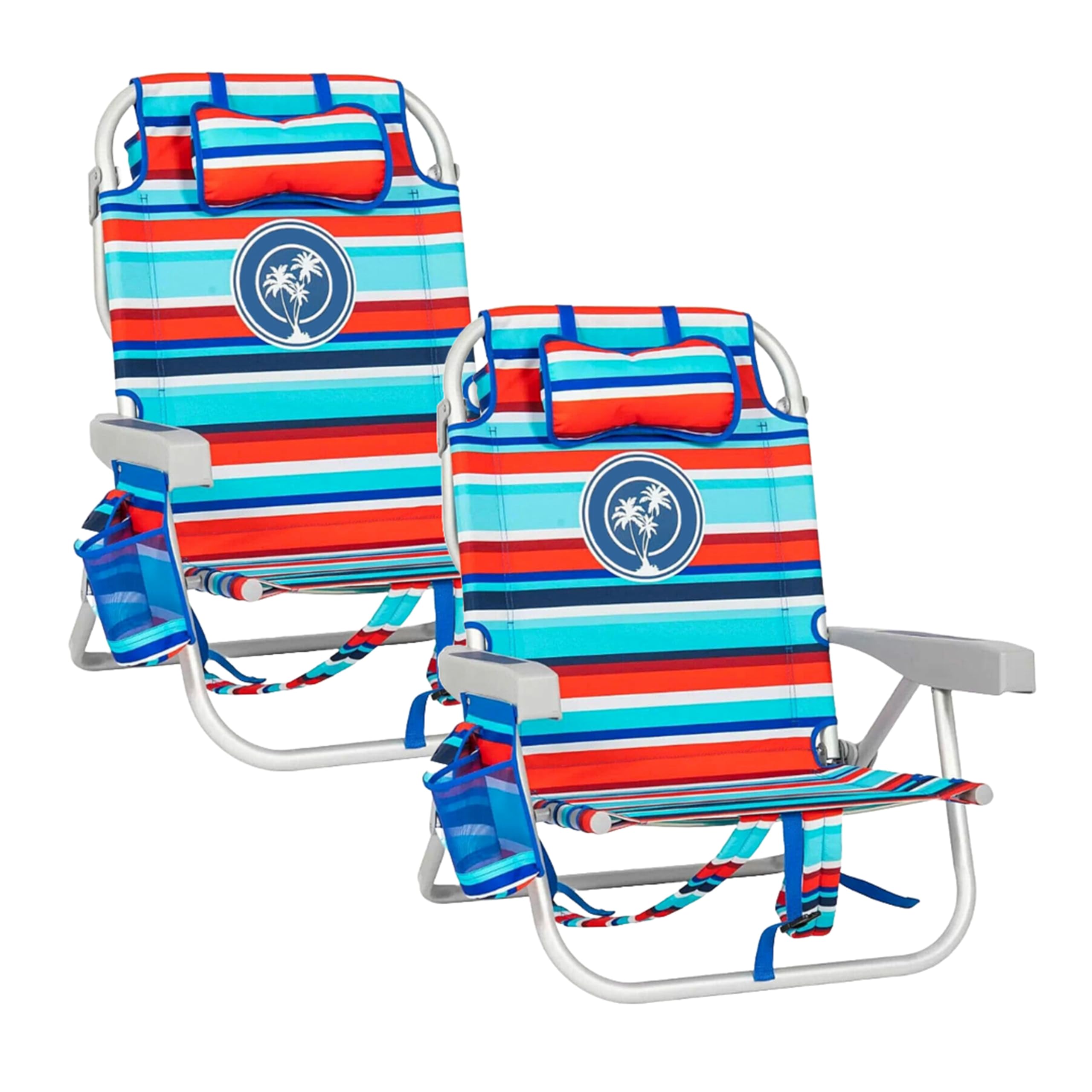 Topline Deluxe Lightweight Backpack Beach Chairs - 2 x Red/Blue Striped Folding Deck Chairs, Sun Lounger with Card. Portable Chair for Beach, Camping, Picnics BBQ, Fishing, Birthday Parties