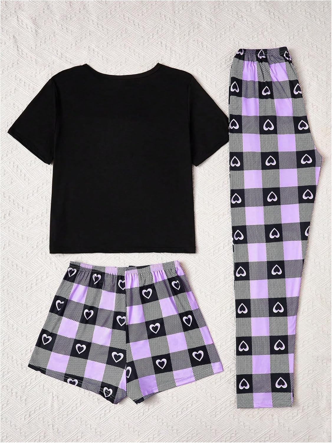 WDIRARA Women's 3 Piece Plaid Heart Print Pajama Set Short Sleeve Tee Lounge Shorts and Pants Sleepwear