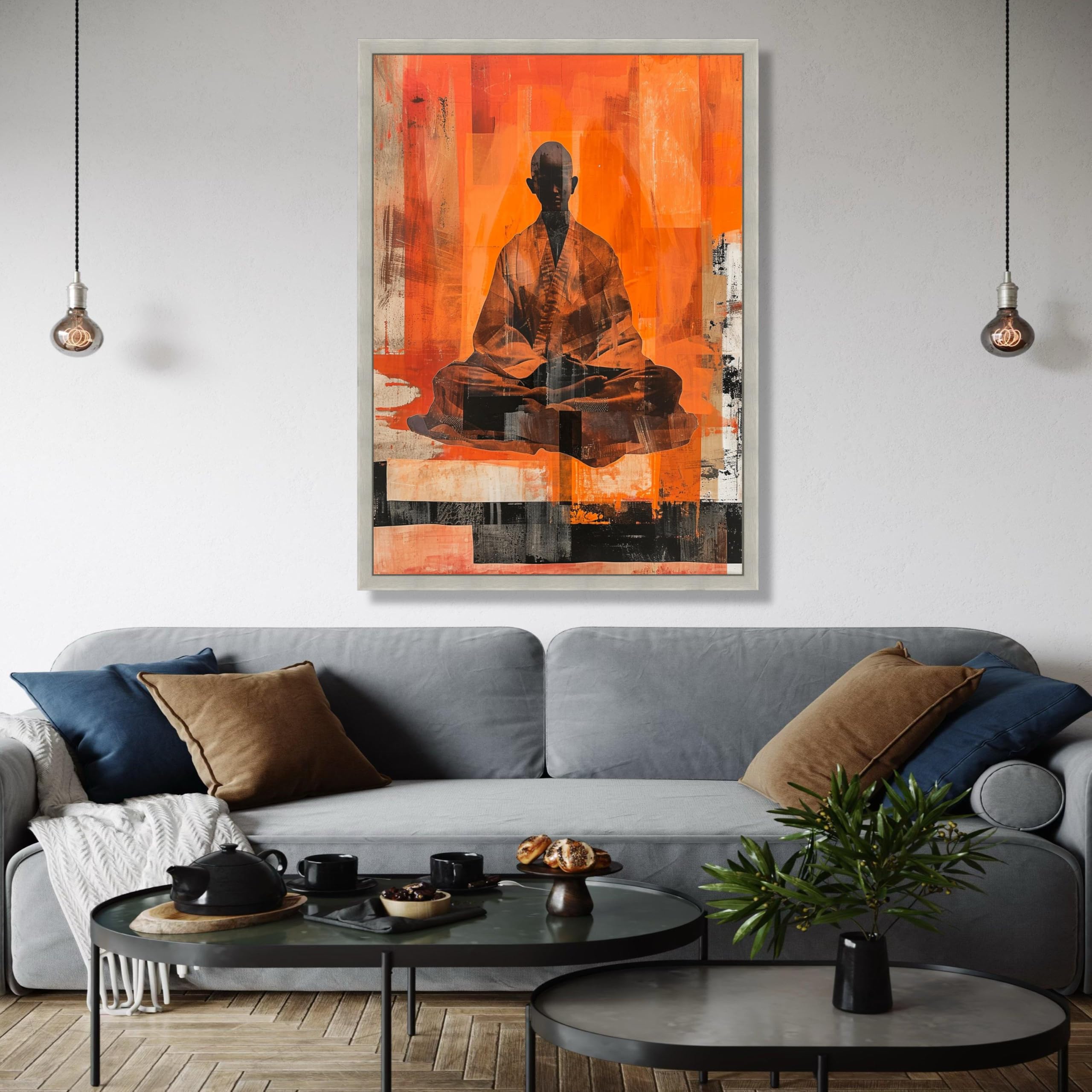 YUSUZHU Stampa su tela astratta raffigurante un monaco in meditazione, decorazione spirituale zen arancione, meditazione con silhouette tranquilla, decorazione per la casa (50x70 cm/cornice interna)