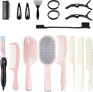 17-Piece Hair Styling Set, Pink Hair Brushes with Hot Pressing Comb, Hair Clips and Accessories for Woman and Girls