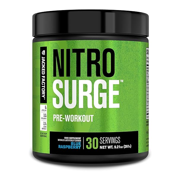 Jacked Factory NITROSURGE Pre Workout Supplement - Energy Booster, Instant Strength Gains, Clear Focus & Intense Pumps - NO Booster & Powerful Preworkout Energy Powder - 30 Servings, Blue Raspberry