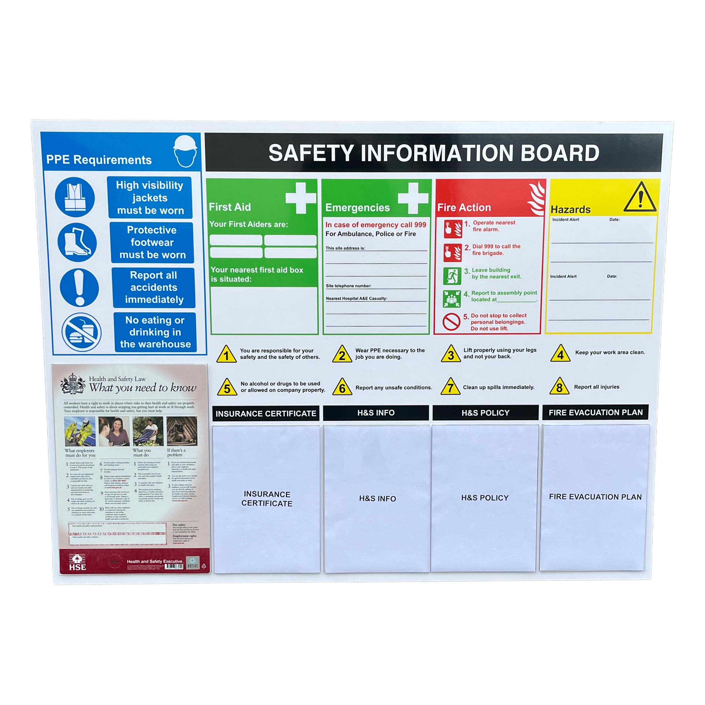 Health and Safety Information Board - 120 x 90 cm - Fire, First Aid, Hazard, PPE Procedures for the Workplace, HSE/H&S Display Board