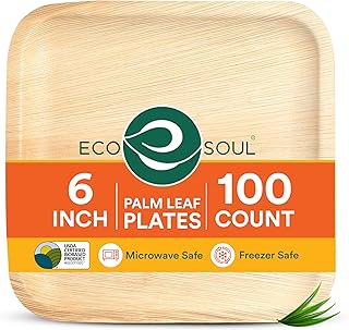 ECO SOUL Palm Leaf Plates 6" Square (100 Count) - Disposable, Eco-Friendly, Biodegradable Bamboo Appetizer Plates - Perfect Dinnerware for Parties, Weddings, Events & Holidays