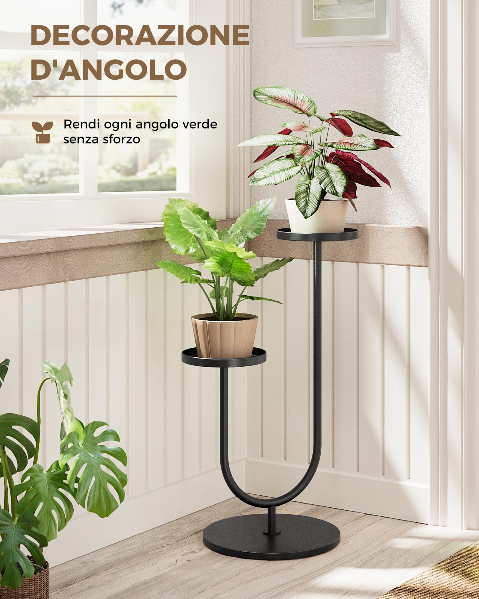 Bamworld Porta piante da interno in metallo nero, moderno supporto per piante a 2 livelli, stabile portavasi da balcone e porta piante da esterno per soggiorno e giardino