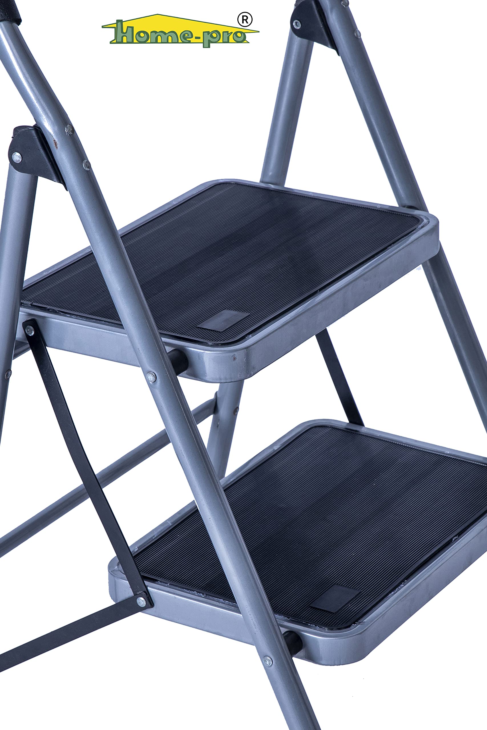 Home-pro Premium 2 Steps Foldable Heavy Duty Maximum Strength mild Steel Ladder with Anti Skid Wide Steps and 150kg Weight Capacity Grey 2