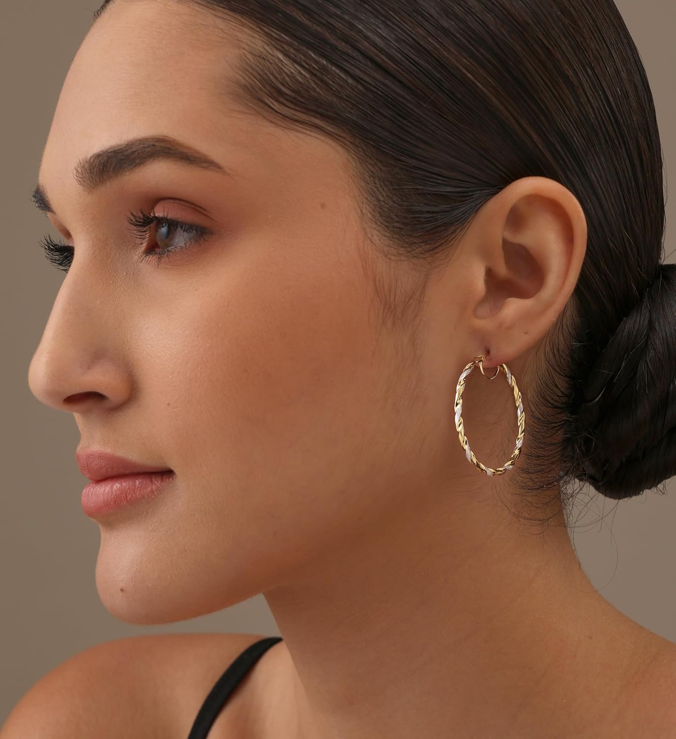 LeCalla Real 925 Sterling Silver Textured Two-Tone Three-Tone 14K Gold Plated Lightweight Italian Design Hoop Earrings for Women Diameter 25,30,40,45,50mm - Image 3