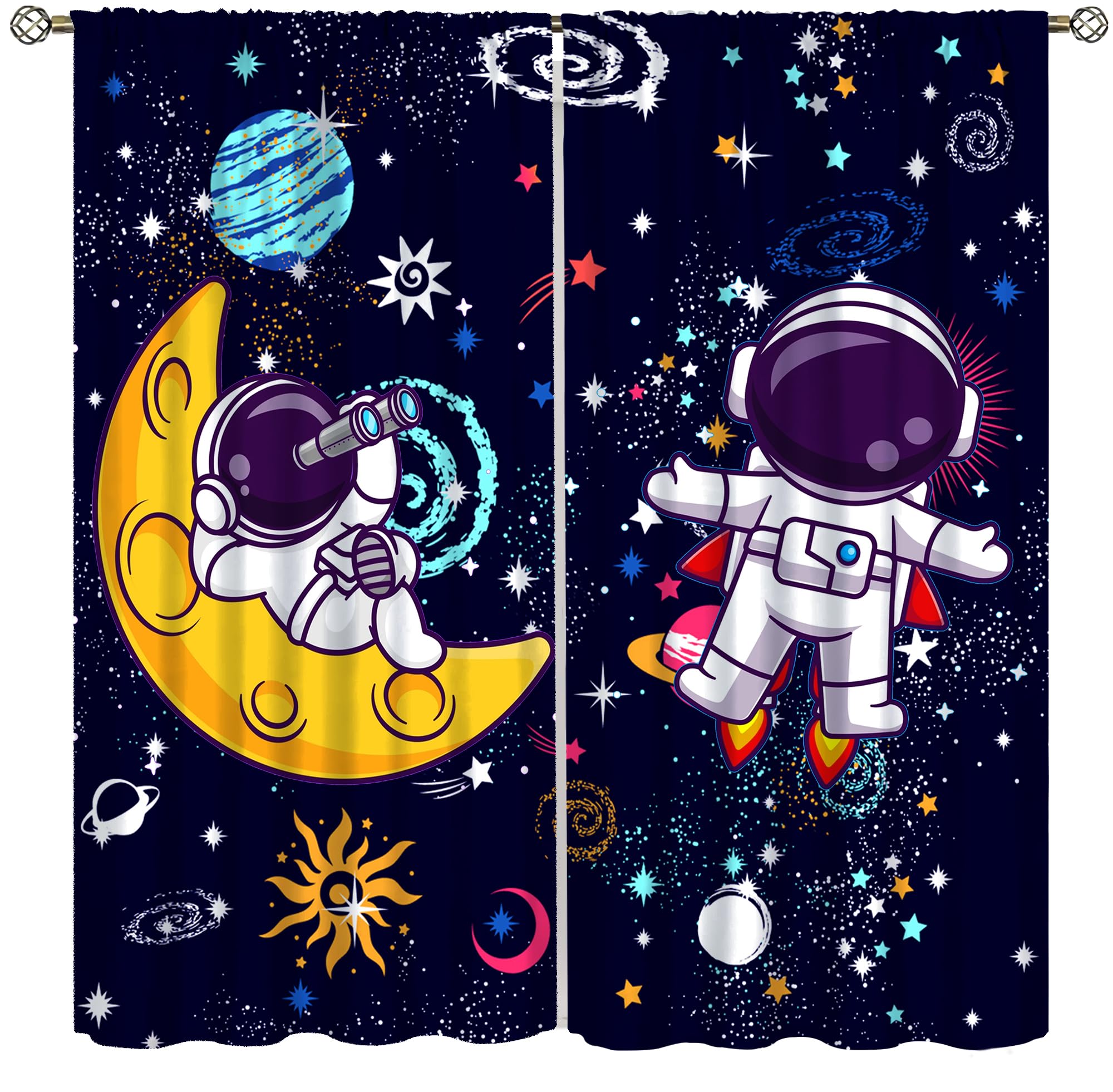 AAVEUP Kids Astronaut Curtains, Cartoon Cute Funny Universe Galaxy Moon Rocket Alien Spaceman Window Treatments Drapes for Boys Nursery Childcare Bedroom Living Room 42x45in?No Blackout?