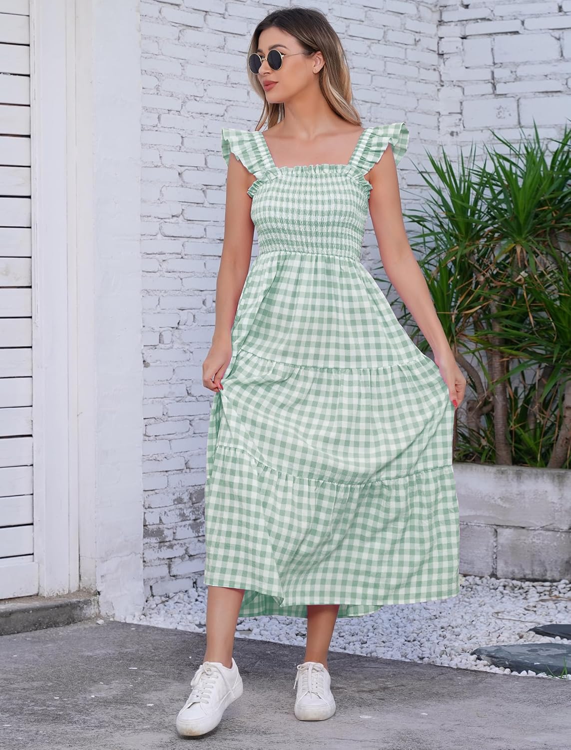 AWIBMK Mommy and Me Matching Dresses Plaid Midi Dress Summer Square Neck Ruffle Flowy Beach Mom Daughter Outfits - Image 4